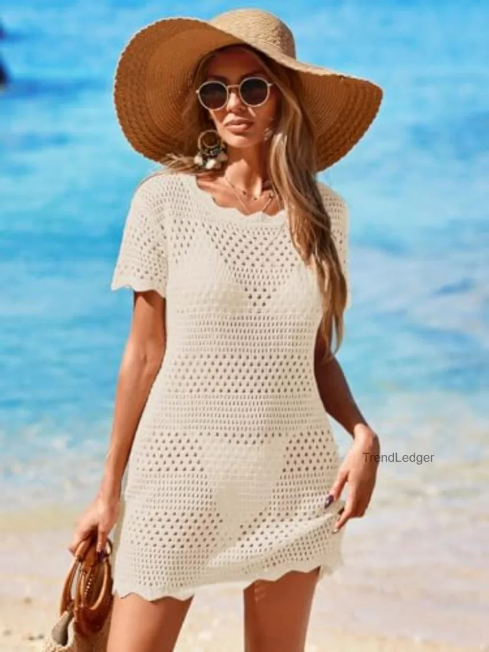 Crochet Swimsuit Cover Up Mini Dress Short Sleeve Mesh Knit Beach Coverup